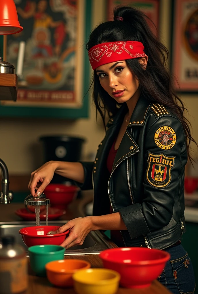 Rocker woman Caveira with a red bandana washing dishes