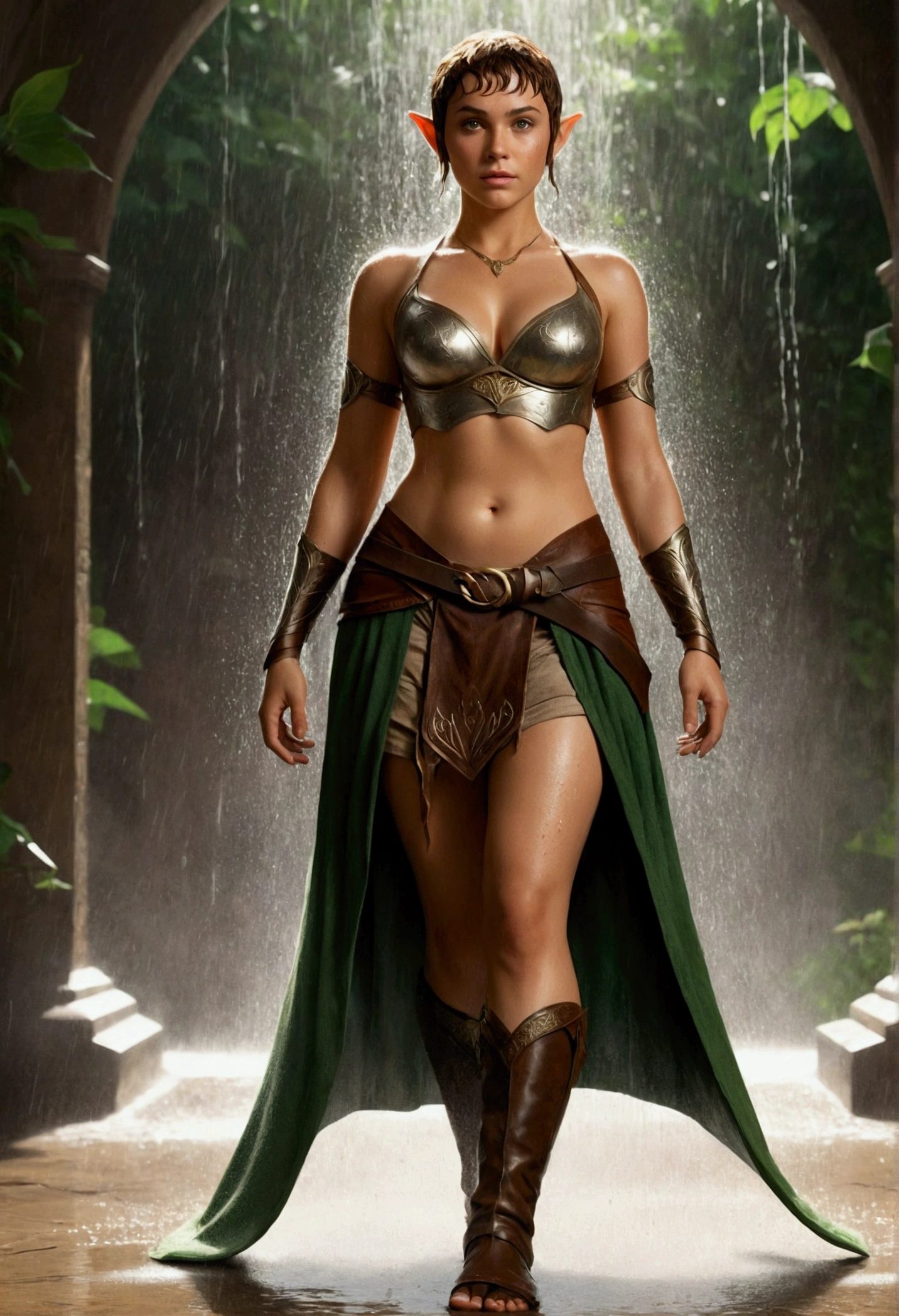 An illustrated movie poster, hand-drawn, full color, a age elven girl, wearing a metallic bralette and a battle skirt, tall, toned, amazonian stature, voluptuous hourglass figure, full wide hips, massive round butt, long shapely legs, ridiculously thick powerful thighs, long pointy elf ears, jade eyes, brown-black hair, short pixie cut, deep sun-tanned skintone, freckles, standing on a sunny rainshower, wet clothes, graphite shading, stencil marks, airbrushed acrylic paint, masterpiece, in the style of the Lord of the Rings