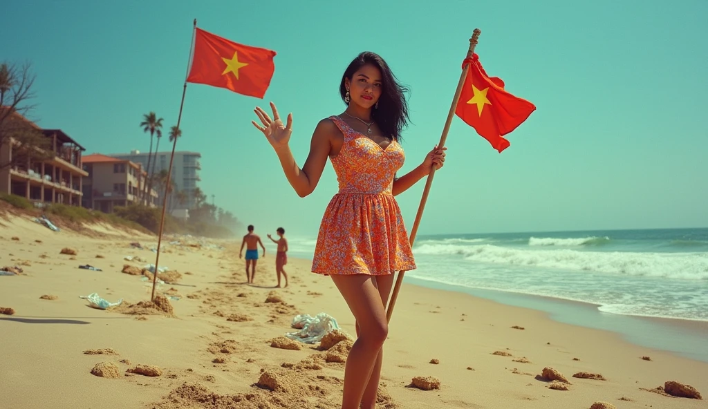 Vibrant, unsettling image in style of 70's glamour fashion poster, with bold expressive title "CLEAN THE BEACH" in front of the composition. Stunning image of a cute, adorable, curvy 30-year-old female with a hint of mischief, at a desolate Muine beach between a dilapidated resort and a stormy sea, dynamic posture, giving a broom to a surfer, wearing mini ao dai. Barren landscape, shattered garbage, tattered Vietnamese flag flying up in the sky, harsh contrasts. Arthur Rackham and Ciruelo Cabral style. Rebellious , chaotic, ultra-detailed, masterpiece, cinematic, call to action