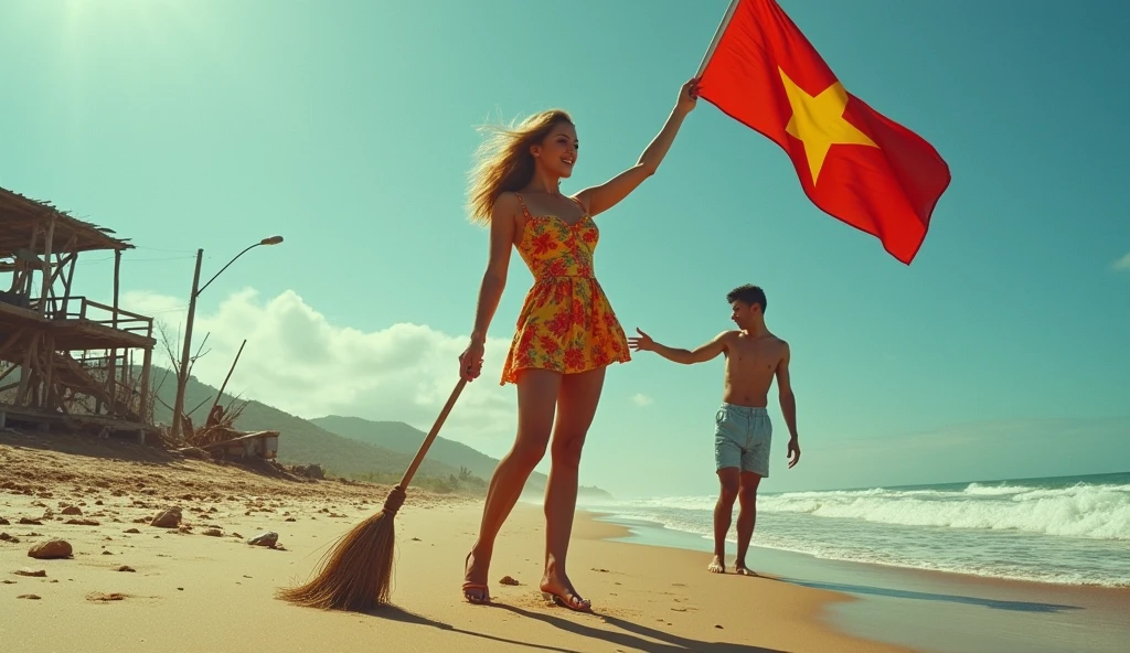 Vibrant, unsettling image in style of 70's glamour fashion poster, with bold expressive title "CLEAN THE BEACH" in front of the composition. Stunning image of a cute, adorable, curvy 30-year-old female with a hint of mischief, at a desolate Muine beach between a dilapidated resort and a stormy sea, dynamic posture, giving a broom to a surfer, wearing mini ao dai. Barren landscape, shattered garbage, tattered Vietnamese flag flying up in the sky, harsh contrasts. Arthur Rackham and Ciruelo Cabral style. Rebellious , chaotic, ultra-detailed, masterpiece, cinematic, call to action
