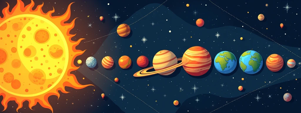 "Generate a vibrant, cartoon-style depiction of the Solar System. The scene should include all the planets in their correct order from the Sun, each with exaggerated and colorful features. The Sun is bright and glowing in the center, with large, playful flames. Mercury is small and rocky, Venus has a thick, swirling yellow atmosphere, Earth is blue and green with visible clouds, and Mars is a bright red. Jupiter is the largest, with its iconic Great Red Spot, and Saturn has wide, bold rings. Uranus and Neptune are shades of light blue, with Neptune showing faint, cartoonish rings. The background is a dark space filled with twinkling stars and a few whimsical comets. The overall mood is playful and educational, making the Solar System look fun and approachable."
