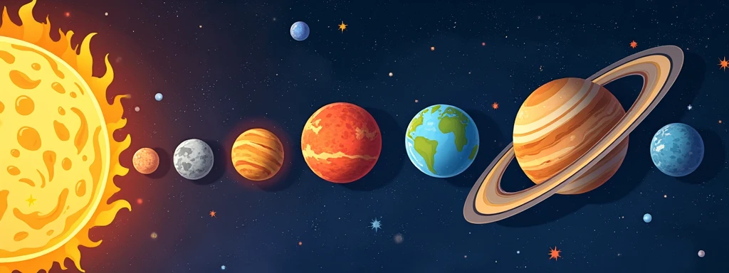 "Generate a vibrant, cartoon-style depiction of the Solar System. The scene should include all the planets in their correct order from the Sun, each with exaggerated and colorful features. The Sun is bright and glowing in the center, with large, playful flames. Mercury is small and rocky, Venus has a thick, swirling yellow atmosphere, Earth is blue and green with visible clouds, and Mars is a bright red. Jupiter is the largest, with its iconic Great Red Spot, and Saturn has wide, bold rings. Uranus and Neptune are shades of light blue, with Neptune showing faint, cartoonish rings. The background is a dark space filled with twinkling stars and a few whimsical comets. The overall mood is playful and educational, making the Solar System look fun and approachable."
