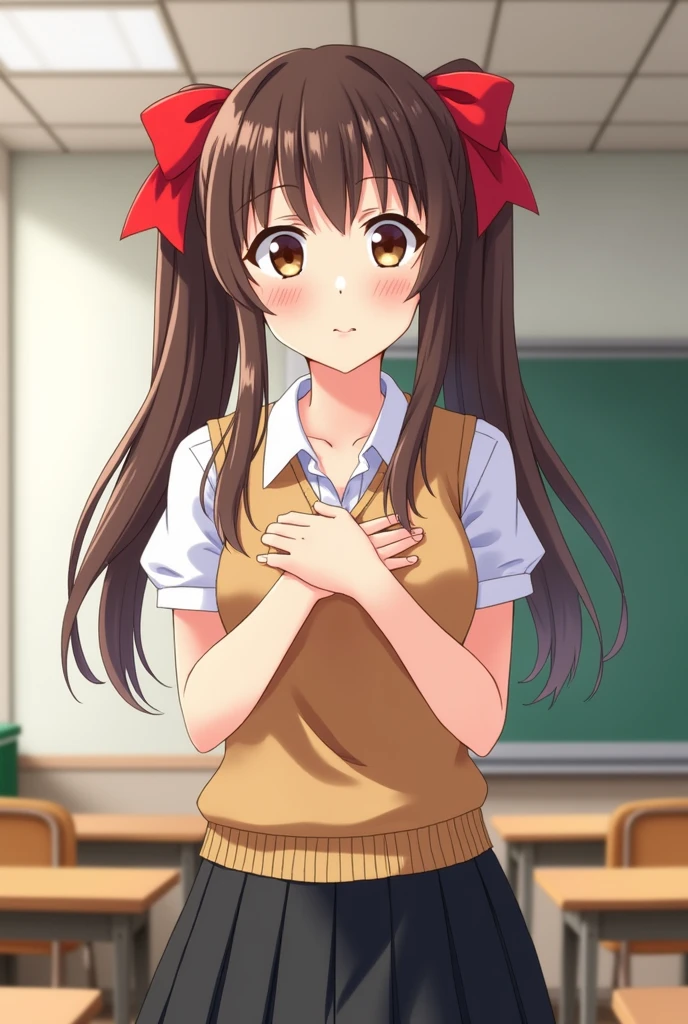 black、white, Kuroko Shirai, Brown Hair, Long Hair, (Parted bangs:1.5), (Brown eyes:1.7), Ringlet, Twin tails, hair bow, bow, red bow, (Super big breasts:1.5), (Breast milk:2.0)
break armband, black skirt, collared shirt, dress shirt, pleated skirt, Safety pin, , shirt, Short sleeve, skirt, Summer clothes, Sweater vest, tokiwadai , Twin tails, white shirt, (brown Sweater vest:1.5),
break looking at viewer, , whole body,
break indoors, classroom,
break (masterpiece:1.2), Highest quality, High resolution, unity 8k wallpaper, (shape:0.8), (Beautiful and beautiful eyes:1.6), Highly detailed face, Perfect lighting, Highly detailed CG, (Perfect hands, Perfect Anatomy),Embarrassed face、blush:1.3、fold your arms under your chest:1.3