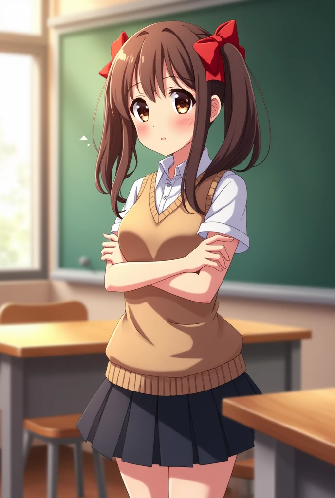 black、white, Kuroko Shirai, Brown Hair, Long Hair, (Parted bangs:1.5), (Brown eyes:1.7), Ringlet, Twin tails, hair bow, bow, red bow, (Super big breasts:1.5), (Breast milk:2.0)
break armband, black skirt, collared shirt, dress shirt, pleated skirt, Safety pin, , shirt, Short sleeve, skirt, Summer clothes, Sweater vest, tokiwadai , Twin tails, white shirt, (brown Sweater vest:1.5),
break looking at viewer, , whole body,
break indoors, classroom,
break (masterpiece:1.2), Highest quality, High resolution, unity 8k wallpaper, (shape:0.8), (Beautiful and beautiful eyes:1.6), Highly detailed face, Perfect lighting, Highly detailed CG, (Perfect hands, Perfect Anatomy),Embarrassed face、blush:1.3、fold your arms under your chest:1.3
