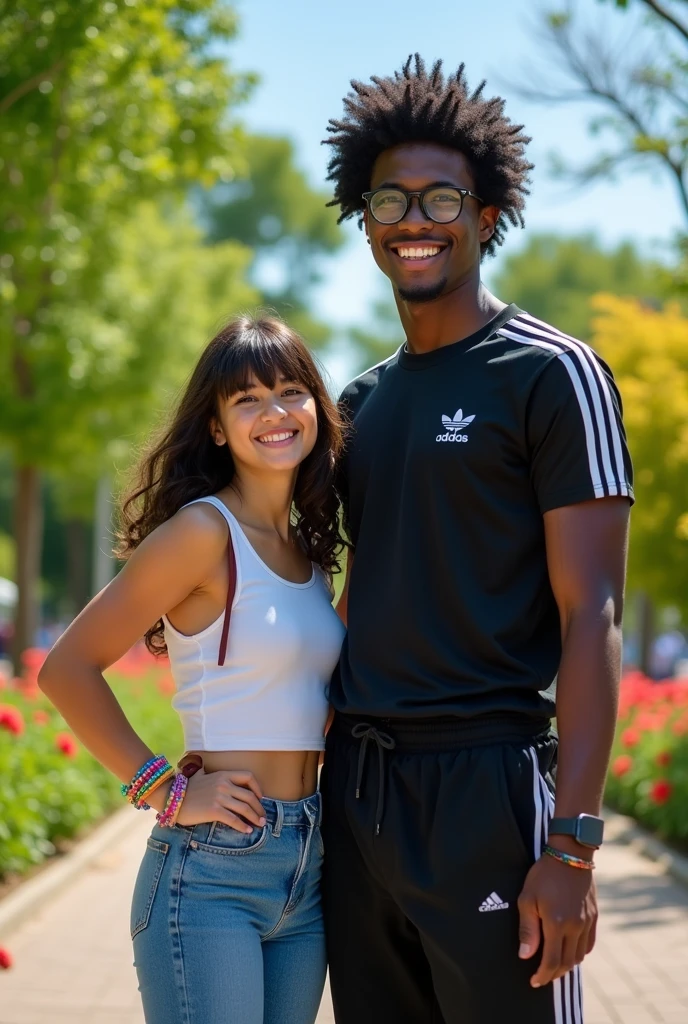 A tall, dark-skinned teenager with curly hair, He wears glasses with a black adidas outfit, She's a white teenager with short bangs, lots of bracelets, and a beautiful smile.