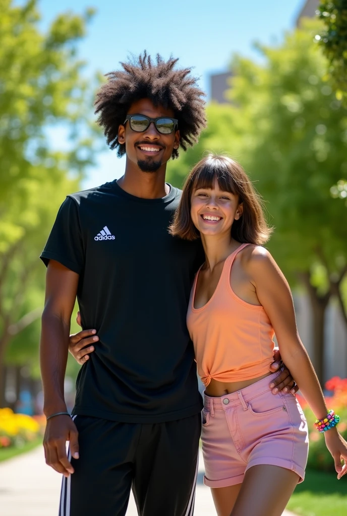A tall, dark-skinned teenager with curly hair, He wears glasses with a black adidas outfit, She's a white teenager with short bangs, lots of bracelets, and a beautiful smile. 