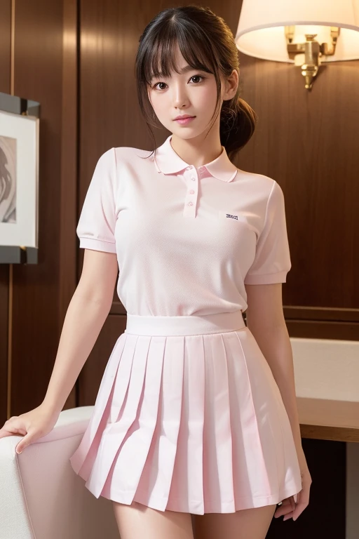 (((Small))),Side Shot,masterpiece, highest quality, High resolution, wallpaper, Realistic, Bright lighting, Professional Lighting, Face Light, Smooth lighting, Japanese Girls, ((Whole body 1.4)),Are standing, cute, smile, beautiful girl, gravure, , so beautiful, Beautiful Skin, Beautiful and detailed、Detailed face、slim、Moderate, short hair, Blonde Hair, Brown Eyes, View your viewers,Golf player costume,mini skirt,On all fours、knee up.Pink Panties,Panty Shot,Small,Bare legs,