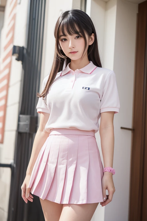 (Absurd:1.3), (High resolution:1.3), (Super detailed:1.3),(One person:1.3), (Very detailed CG ユニティ 8k 壁紙:1.3), (Detailed skin texture, Detailed cloth texture, Detailed hair texture), (Beautifully detailed face, Supermodel, Pale skin, Realistic glistening skin), (RAW Photos, Highest quality), (Realistic, photo-Realistic:1.4), masterpiece, Very delicate and beautiful,wonderful, In detail, Very detailed CG ユニティ 8k 壁紙, Large file size, Very detailed, High resolution, Absurd, Soft Light,Rim Light, Vivid details, Hotel Rooms, Straight hair, Large Breasts, Black hair color, Big Natural Color Lip, (Perfect figure), Beautiful feet, break (White Theme:1.4), (Tucked-out short-sleeve white polo shirt:1.4), (Pink lines on the outline of the top:1.3), (Pure White Pleated Mini Skirt:1.3), (The hem of the top covers the top half of the skirt:1.3), (Pink fluffy scrunchie on your wrist:1.3), (White and pink sports shoes:1.2), Crying a little、A small smile, Harajuku Style、20-year-old girl、Cute type、Hata、Are standing