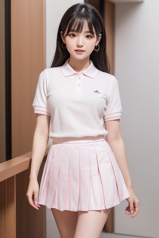 (Absurd:1.3), (High resolution:1.3), (Super detailed:1.3),(One person:1.3), (Very detailed CG ユニティ 8k 壁紙:1.3), (Detailed skin texture, Detailed cloth texture, Detailed hair texture), (Beautifully detailed face, Supermodel, Pale skin, Realistic glistening skin), (RAW Photos, Highest quality), (Realistic, photo-Realistic:1.4), masterpiece, Very delicate and beautiful,wonderful, In detail, Very detailed CG ユニティ 8k 壁紙, Large file size, Very detailed, High resolution, Absurd, Soft Light,Rim Light, Vivid details, Hotel Rooms, Straight hair, Large Breasts, Black hair color, Big Natural Color Lip, (Perfect figure), Beautiful feet, break (White Theme:1.4), (Tucked-out short-sleeve white polo shirt:1.4), (Pink lines on the outline of the top:1.3), (Pure White Pleated Mini Skirt:1.3), (The hem of the top covers the top half of the skirt:1.3), (Pink fluffy scrunchie on your wrist:1.3), (White and pink sports shoes:1.2), Crying a little、A small smile, Harajuku Style、20-year-old girl、Cute type、Hata、Are standing
