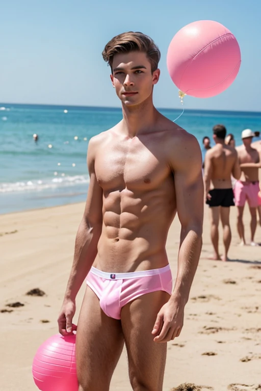 young, beautiful, elegant, white, skinny, elegant shirtless face standing, ,Naked on the beach wearing pink boxer shorts, holding a beach ball in his hand under his armpit while many people applaud and celebrate with bubble guns around him, male catwalk.