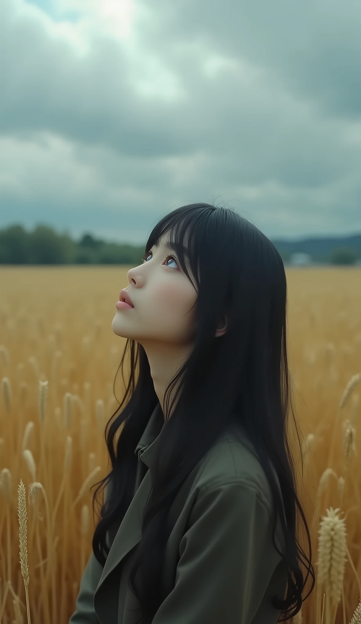 close-up, [face]、Golden wheat fields、Cloudy、Depressed girl、Looking up at the sky、Black Hair、Japanese、Long Hair