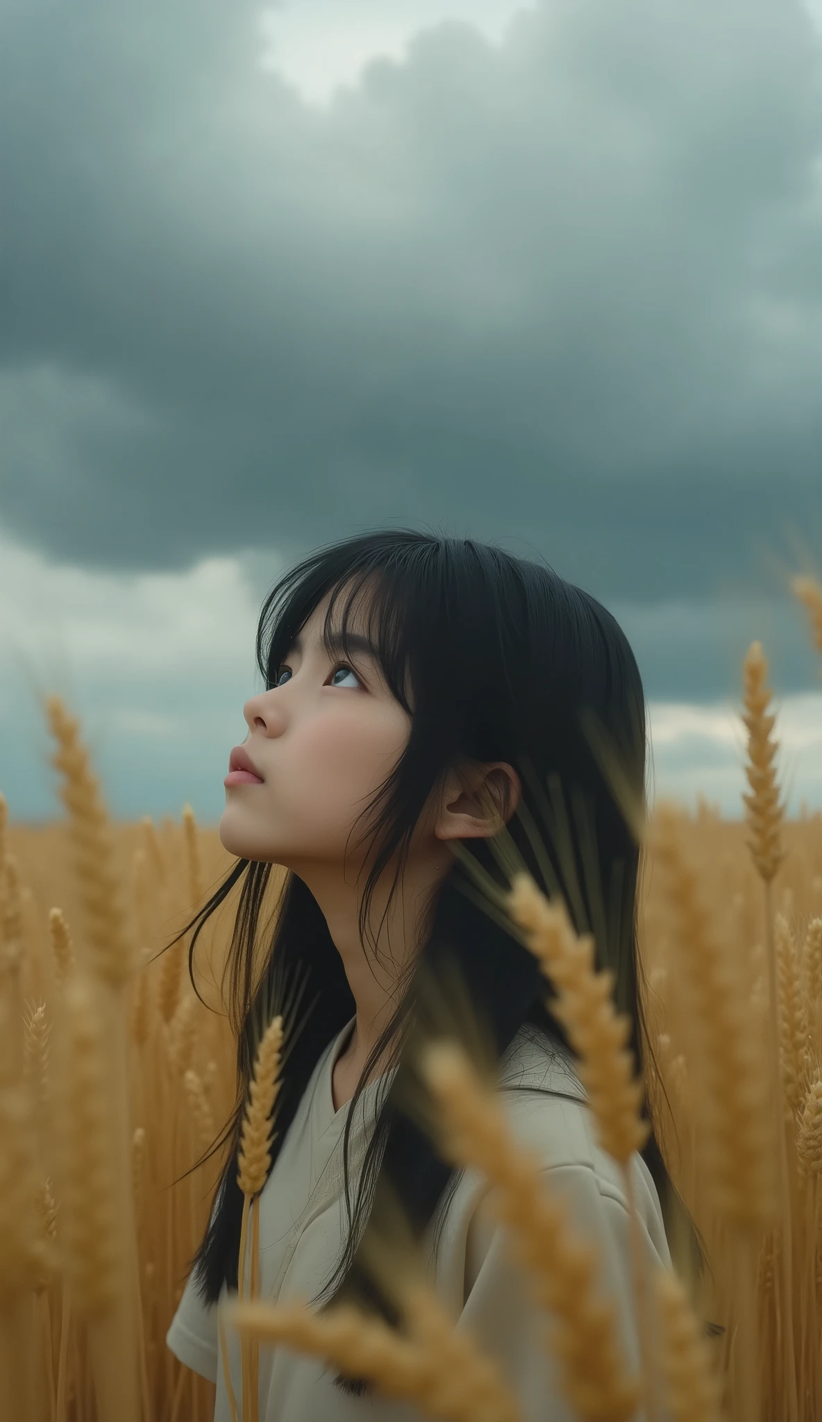 close-up, [face]、Golden wheat fields、Cloudy、Depressed girl、Looking up at the sky、Black Hair、Japanese、Long Hair