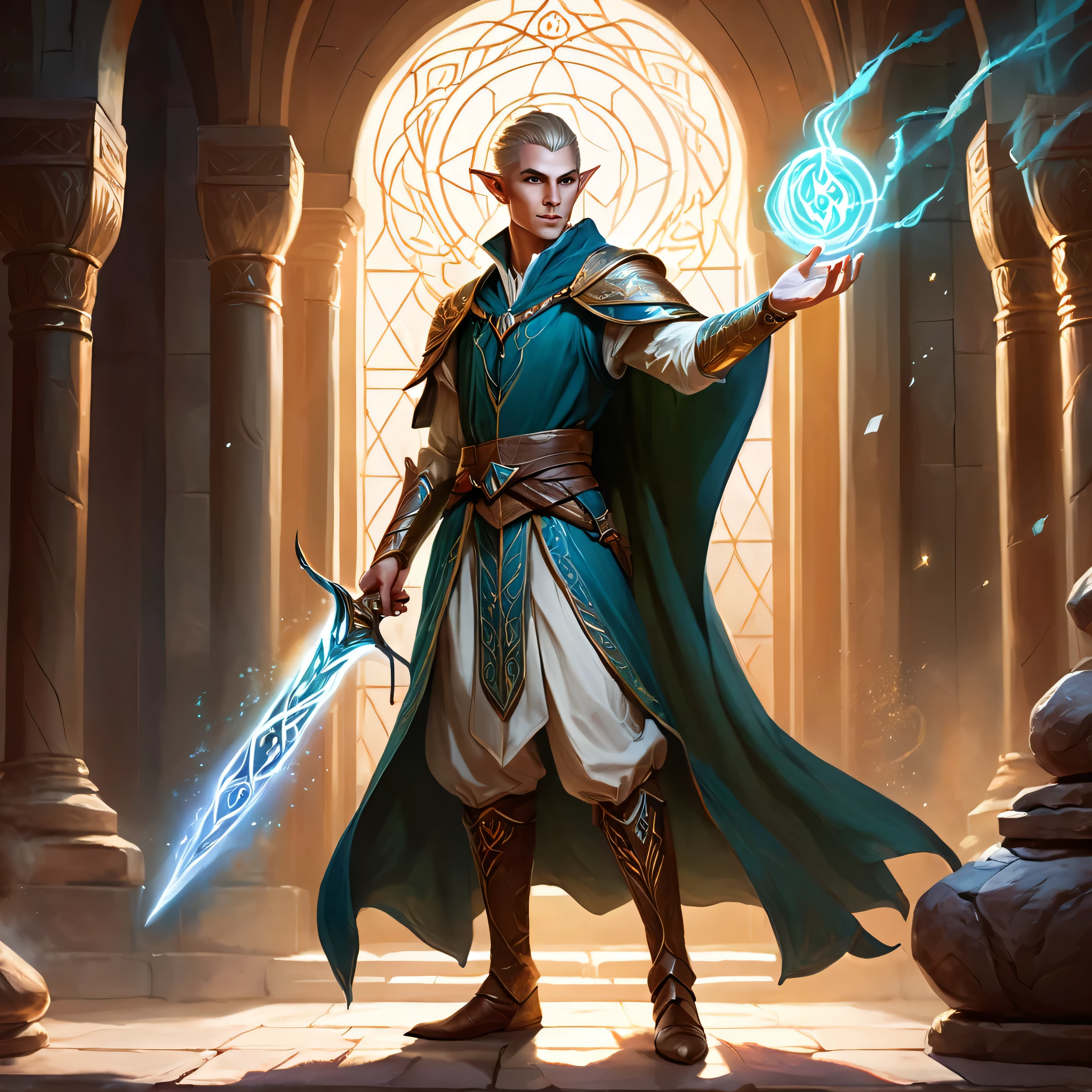ethereal fantasy concept art of a brave elf dnd male sorcerer. magnificent, celestial, ethereal, painterly, epic, majestic, magical, fantasy art, cover art, dreamy, full body shot, staff in right hand, surrounded by runes of light, clean shaven