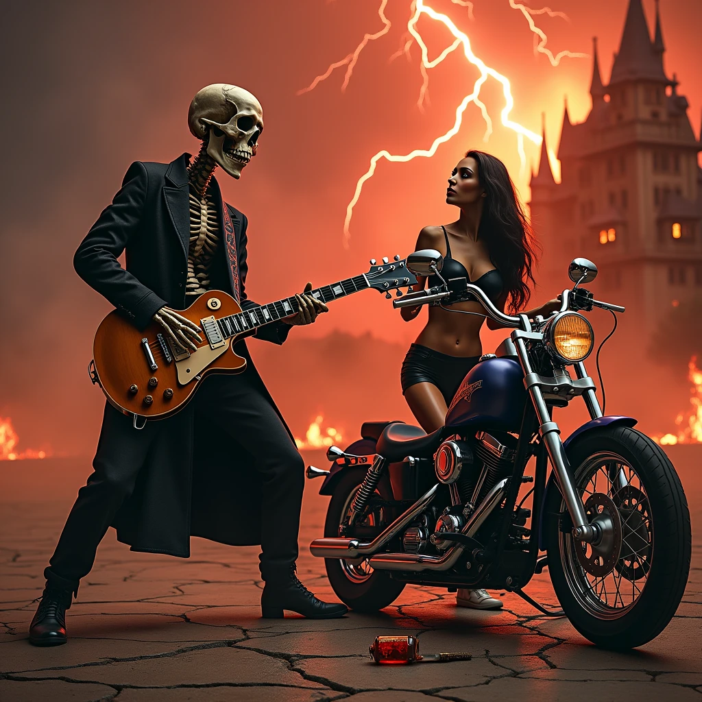 a full-length skull playing a Les Paul guitar to a skeleton woman wearing a black leather outfit as the world ends, red lightning falling from the sky giving a tone of chaos to the image, with a castle on fire in the background and a Harley motorcycle Davidson on the side, a broken whiskey bottle on the floor