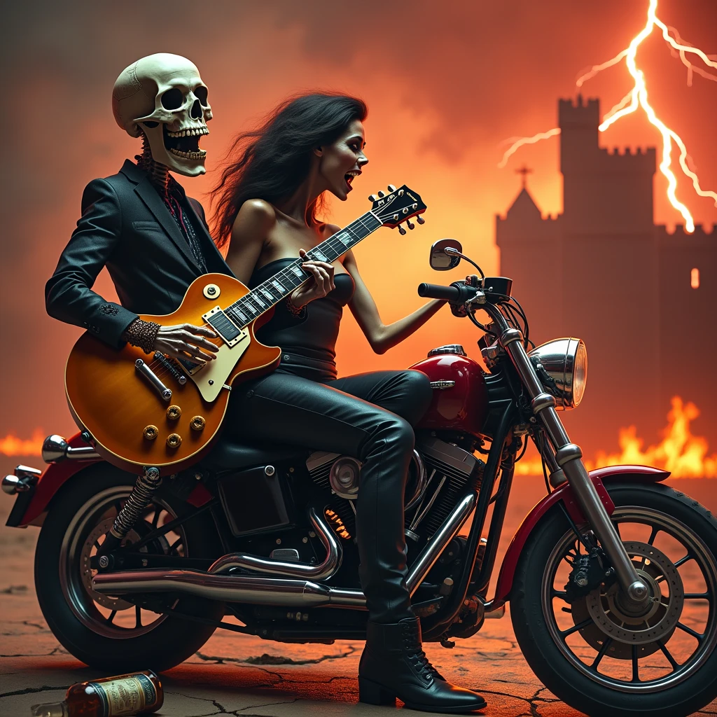 a full-length skull playing a Les Paul guitar to a skeleton woman wearing a black leather outfit as the world ends, red lightning falling from the sky giving a tone of chaos to the image, with a castle on fire in the background and a Harley motorcycle Davidson on the side, a broken whiskey bottle on the floor