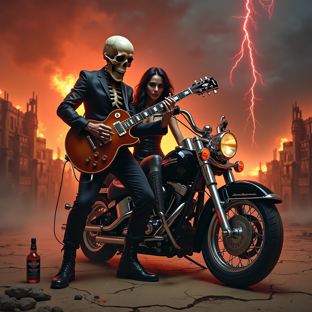 a full-length skull playing a Les Paul guitar to a skeleton woman wearing a black leather outfit as the world ends, red lightning falling from the sky giving a tone of chaos to the image, with a castle on fire in the background and a Harley motorcycle Davidson on the side, a broken whiskey bottle on the floor