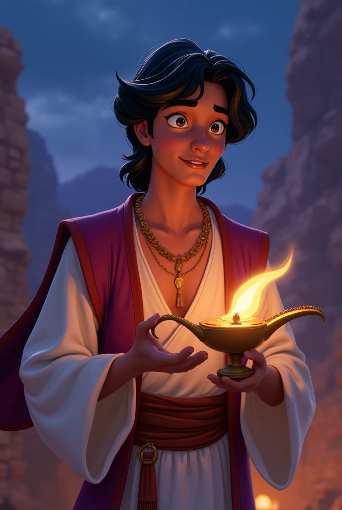 Aladdin, the main character in Aladdin, and his magic carpet. He is a young man living in poverty in the desert kingdom of Agrabah. He earns his living secretly, but yearns for his late mother and tries to one day become a man who will not be ashamed of her. By chance, he becomes the master of the lamp nymph Jeannie. The jolly lamp nymph Jeanie serves Aladdin, who becomes her master and tries to fulfil his ‘three wishes’. His big eyes should be wide open, reflecting the surreal world of the desert kingdom of Agrabah. Genie, the jolly lamp fairy, Aladdin and the Wizard. The lighting is soft yet dramatic, and the suitors, who are only pretentious, are affectionate and crave freedom. The modern woman is intelligent, strong and sometimes uses her own beauty as a weapon. The colour palette is a mix of soft pastels and dark, introspective tones, creating a balance between innocence and her complex thoughts.