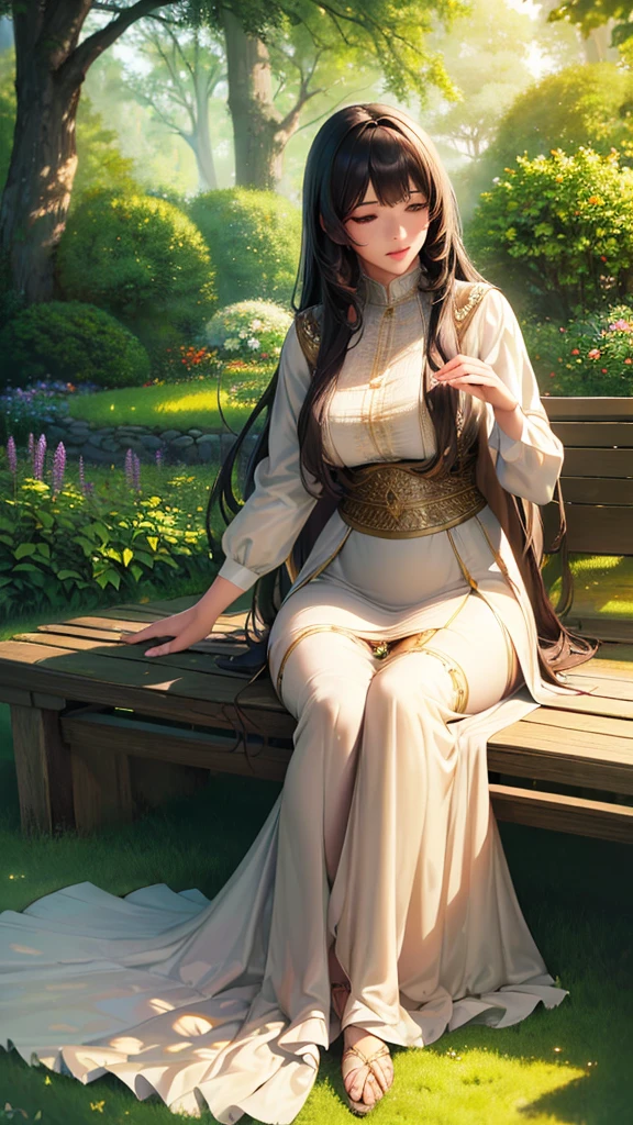 beautiful woman with long dark hair, sitting on a bench in a peaceful garden, (best quality,4k,8k,highres,masterpiece:1.2),ultra-detailed,(realistic,photorealistic,photo-realistic:1.37),intricate details,exquisite textures,soft lighting,warm color tones,subtle shadows,serene atmosphere,detailed foliage,flowering plants,tranquil pond,stone path