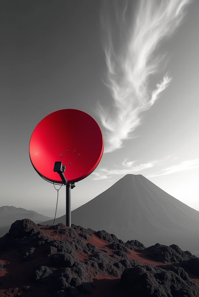 Image for an advertisement of home satellite antennas, with red colors, black and white with a landscape background with volcanoes and the antenna being red