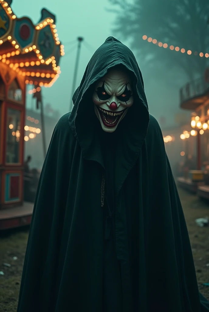 Terror, mask, very scary with a hood, panic, demoness, clown
