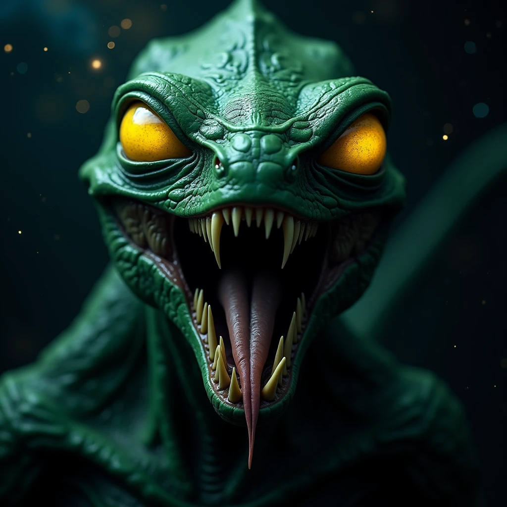 masterpiece , Best Quality, predator from another planet, close-up photo,  looking straight at camera hungry and yellow eyes with green, mouth with drool, tongue out, drops 8k uhd quality,