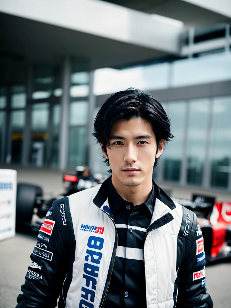 Cinematic Photo of a handsome japanese men 25-30 y.o fashion model, medium black hair. He is doctor. He is a F1 racer