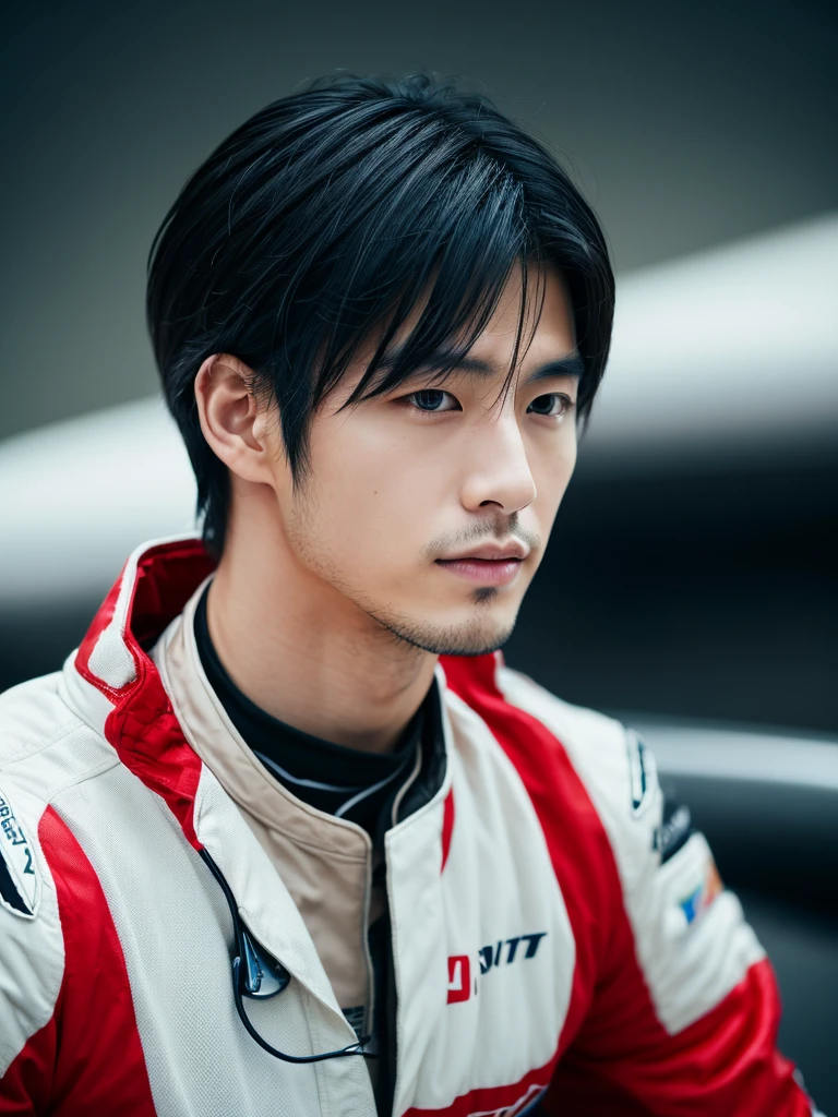 Cinematic Photo of a handsome japanese men 25-30 y.o fashion model, medium black hair. He is doctor. He is a F1 racer