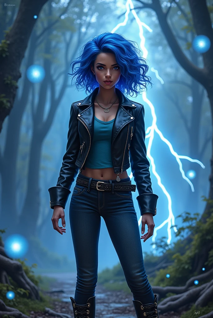 I would like a Thalia Grace from Percy Jackson with short, voluminous, curly black hair that has blue and white streaks. 