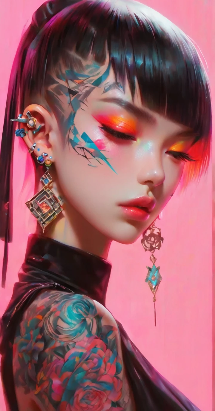 a close up of a person with tattoos covering their eyes, cyberpunk art inspired by Yanjun Cheng, nun, earrings and ear piercing, vibrant colors, saturation