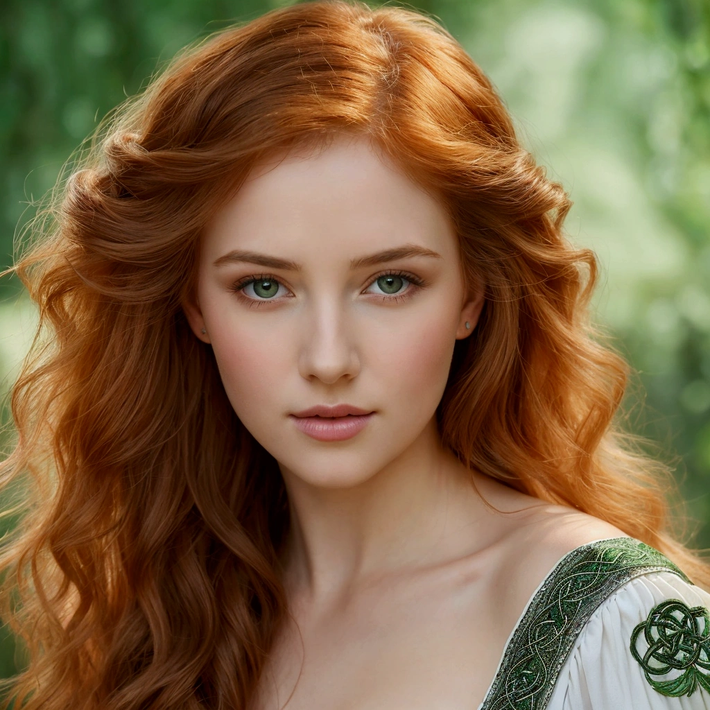 A breathtaking Celtic woman, full body, elegantly in a verdant forest, seen full length, wearing a short flowing white dress adorned with intricate silver embroidery and delicate Celtic knot patterns. Her long, wavy hair cascades down her shoulders and she wears white stockings with subtle lace details. The background is filled with ancient stone ruins and vibrant wildflowers, bathed in soft, ethereal sunlight. The scene has an enchanting, almost mystical quality reminiscent of classical painting styles such as Pre-Raphaelite art, emphasizing beauty and nature in harmony.