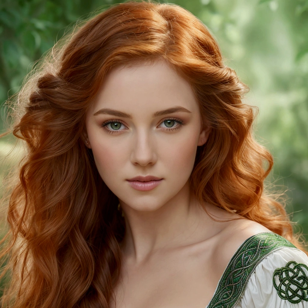 A breathtaking Celtic woman, full body, elegantly in a verdant forest, seen full length, wearing a short flowing white dress adorned with intricate silver embroidery and delicate Celtic knot patterns. Her long, wavy hair cascades down her shoulders and she wears white stockings with subtle lace details. The background is filled with ancient stone ruins and vibrant wildflowers, bathed in soft, ethereal sunlight. The scene has an enchanting, almost mystical quality reminiscent of classical painting styles such as Pre-Raphaelite art, emphasizing beauty and nature in harmony.