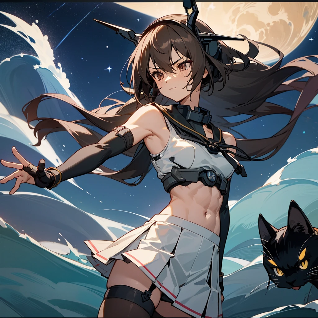 hyper detailed, perfect anatomy, best quality, extremely delicate, extremely detailed, cool,1 girl, Nagato(kancolle), long hair, headgear, dark hair, hairband, collar, bare shoulders, crop top, elbow gloves, fingerless gloves, black gloves, midriff, pleated skirt, white skirt, garter straps, thighhighs, muscle, muscular abs, six pads, with a black cat, night sky, stars, milkyway, sea, wave,