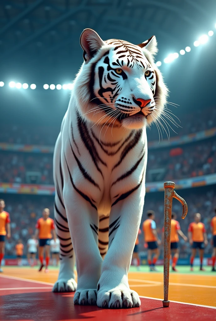 A white tiger with a cane on a futsal court
