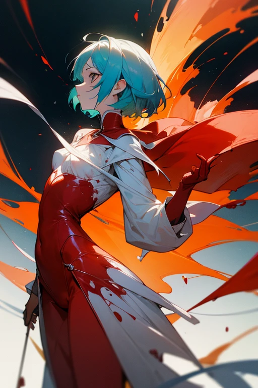 Create a striking and symbolic image that captures a dramatic scene of transformation through blood..

Main character: It shows a young woman with short, light blue hair., in a state of bleeding. She is partially fainted, with his pale skin and bloody clothes. The scene must be partially censored to focus on the symbolic and emotional part. Blood must flow from your body in a luminous and surreal pattern, without showing explicit graphic details, but rather suggesting the act of bleeding with soft visual effects.

Emerging Figure: From the blood that flows, A red-haired girl with a defiant and temperamental expression is emerging. She is partially formed, with details that highlight its strong character. Although she is not fully dressed, Make sure that censorship maintains the dignity of the scene, focusing on transformation rather than exposure. The emerging figure should be visible and stand out with warm colors, como red y dorados, contrasting with the luminous blood of the main character.

Environment and Atmosphere: The scene must be charged with a mystical and emotional atmosphere. Use dramatic lighting to highlight the connection between both figures and the magical process of transformation. Blood must have a surreal and ethereal glow, and the environment should reflect a sense of chaos and regeneration.

Colors and Details: Use a cool color palette for the main character (blue, greens and silvers) and warm colors for the emerging figure (red, oranges and golds). The blood should appear bright and almost crystalline., suggesting the process without being explicitly graphic.