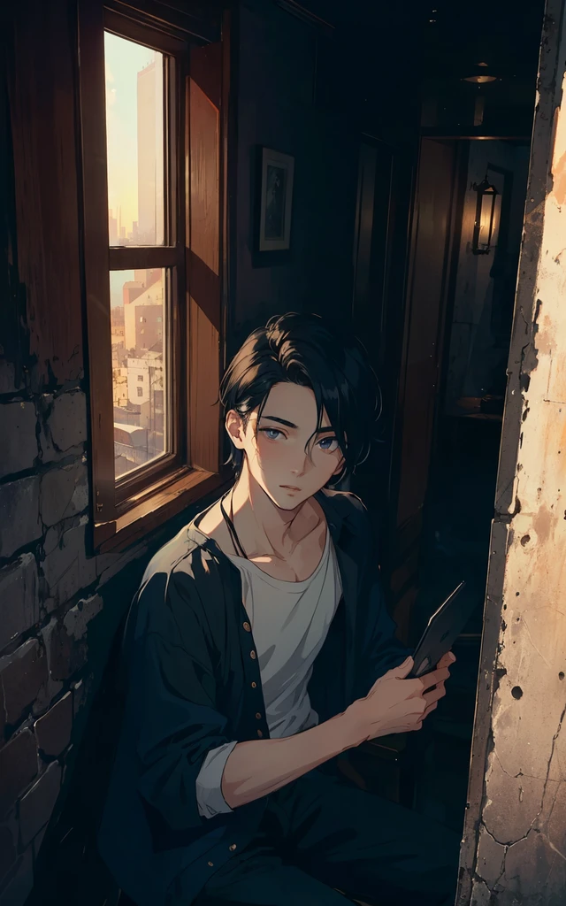 man, abs, male, male face, attractive, thin, ((1man)), masterpiece, sitting, cool pose, steampunk clothes, absurd details, best quality, intricate details, (shiny skin, shiny body, bright skin,, bright hair, pale skin tone), old castle, sunset, attractive, adult, one, don't look at the sight, don't look at the view, don't look at the view, short black hair,  perfect detailed face, perfect detailed hands, blue eyes, ((MLS)), medium large outbreak