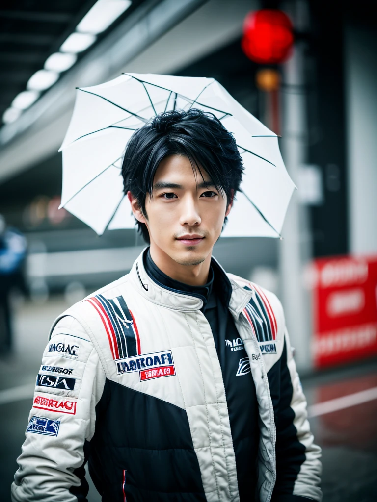 Cinematic Photo of a handsome japanese men 25-30 y.o fashion model, medium black hair. He is doctor. He is a F1 racer