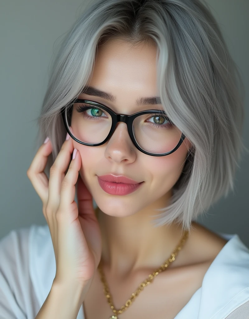 (RAW photo, best quality, masterpiece: 1.2), (photorealistic: 1.4), best lighting, 20 years old, (light gray hair, short bob cut, hair in 7 thirds, hair over one ear, Symmetrical eyes, solo, Detailed Skin, :1.2),Close-up of face, angled, black-rimmed glasses, pink lipstick, gloss, hand on face, cheek, mouth slightly open, collarbone, delicate gold chain necklace, white collared shirt, stylish photo,