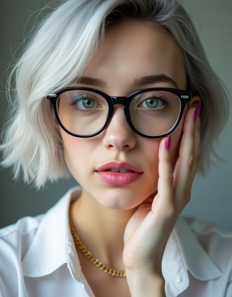 (RAW photo, best quality, masterpiece: 1.2), (photorealistic: 1.4), best lighting, 20 years old, (light gray hair, short bob cut, hair in 7 thirds, hair over one ear, Symmetrical eyes, solo, Detailed Skin, :1.2),Close-up of face, angled, black-rimmed glasses, pink lipstick, gloss, hand on face, cheek, mouth slightly open, collarbone, delicate gold chain necklace, white collared shirt, stylish photo,
