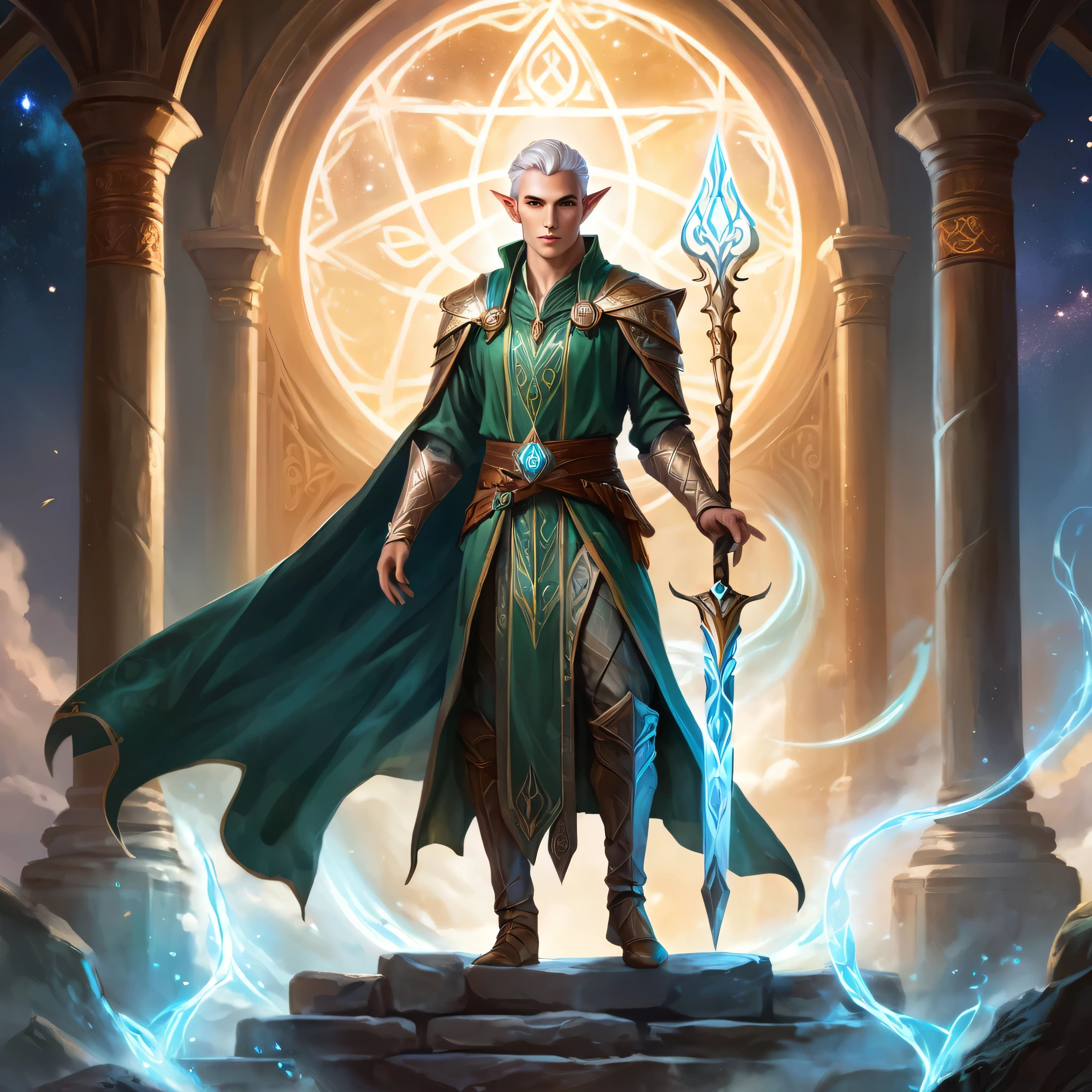 ethereal fantasy concept art of  a brave elf dnd male sorcerer. magnificent, celestial, ethereal, painterly, epic, majestic, magical, fantasy art, cover art, dreamy, full body shot,  staff in right hand, surrounded by runes of light, clean shaven