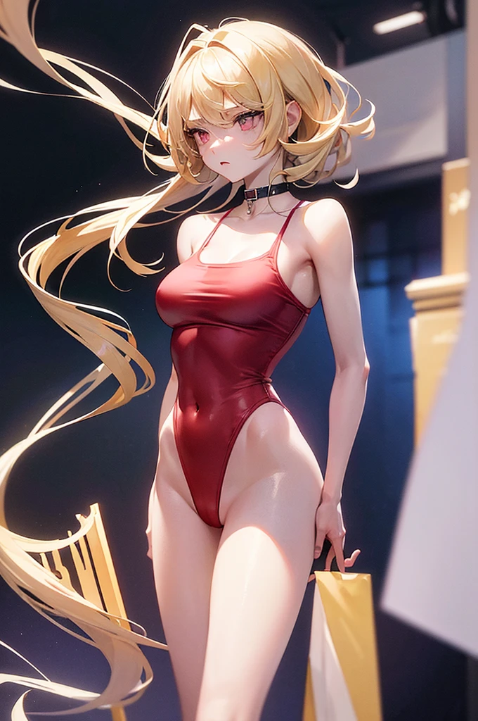 Create an image of a 20-year-old age woman named Zoe. He has an angelic face with red eyes, White skin. its height is 1,70 meters and has a detailed physique with large, firm breasts. Short blonde hair, Wear a white tank top, neckline, Mini shorts sexy color azul,, visible navel, with both hands on his hips, thing legs, thin legs, long legs,. Zoe's pose is straight and firm, Looking towards the camera