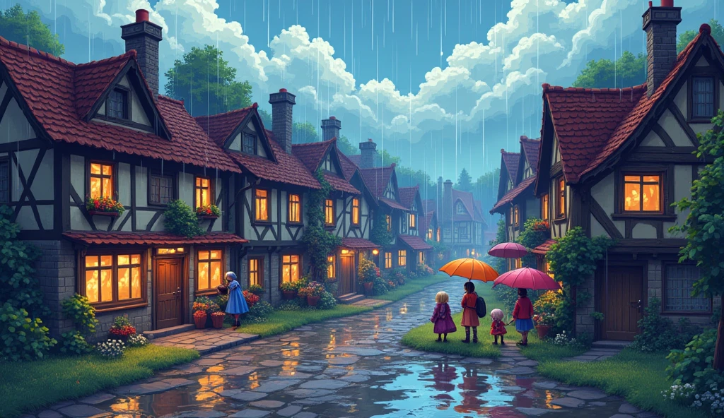 8bit pixel image, Rainy village scenery in a retro RPG game