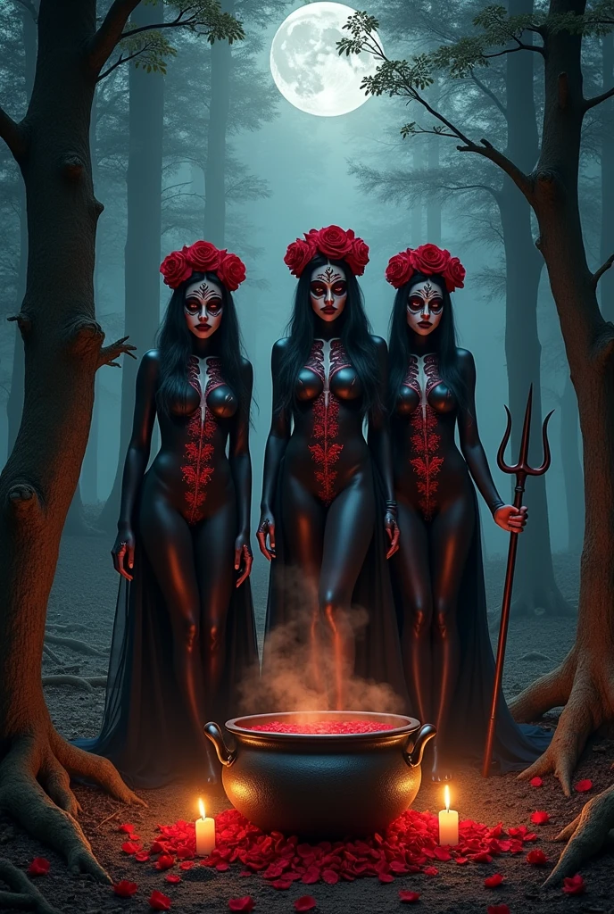 Three women together black skin, wicked roses, walking through the forest, corona, red and black, Nude, calaveras. candles, trident, full moon, Nude cubiertas de sangre y petalos de rosas rojas, preparing potion in a cauldron. fire , Nude,