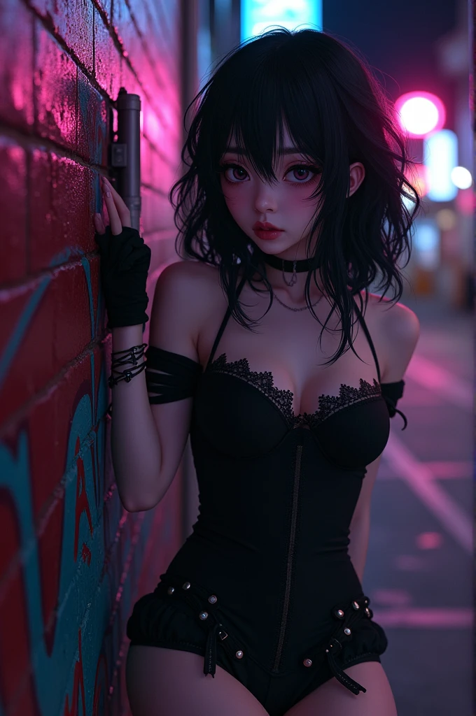 An emo girl in the hentai style wearing black clothes and medium length hair. 