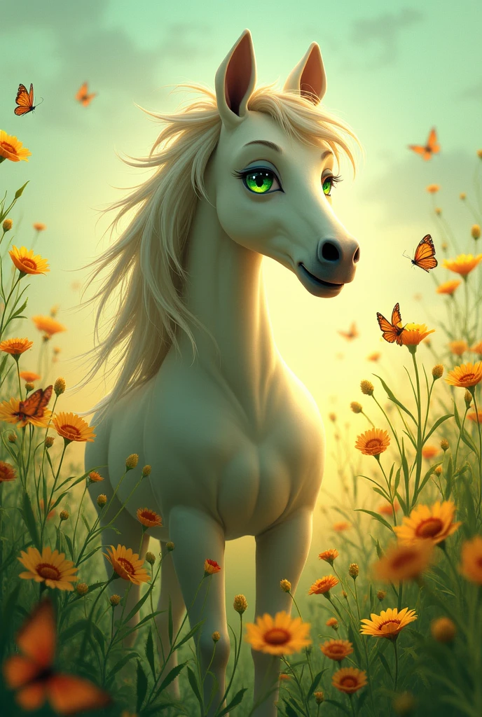 He has a horse face and green eyes.