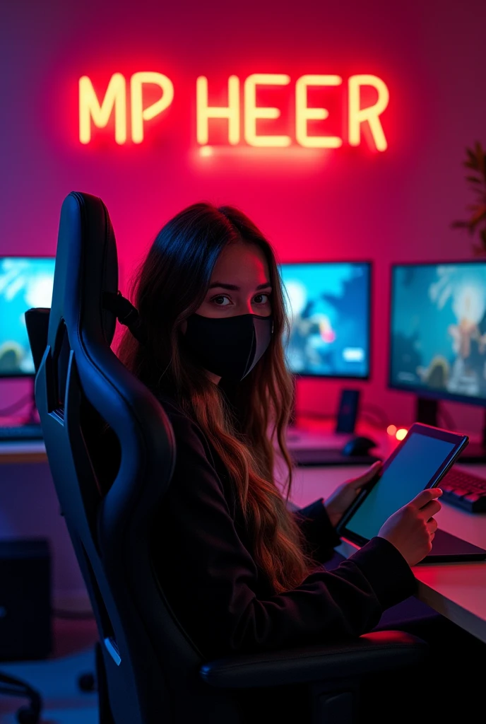 Create a digital illustration of a young woman sitting in a modern gaming setup. The woman has long, wavy dark hair and is wearing a black face mask. She is seated in a professional gaming chair, holding a tablet. The background features a dimly lit room with a neon sign that reads 'MP HEER GAMING' in glowing neon red text. The room also has gaming monitors displaying a game, with LED lights adding a colorful glow to the scene. The overall atmosphere should be tech-savvy and cozy, watching straight pose towards me
