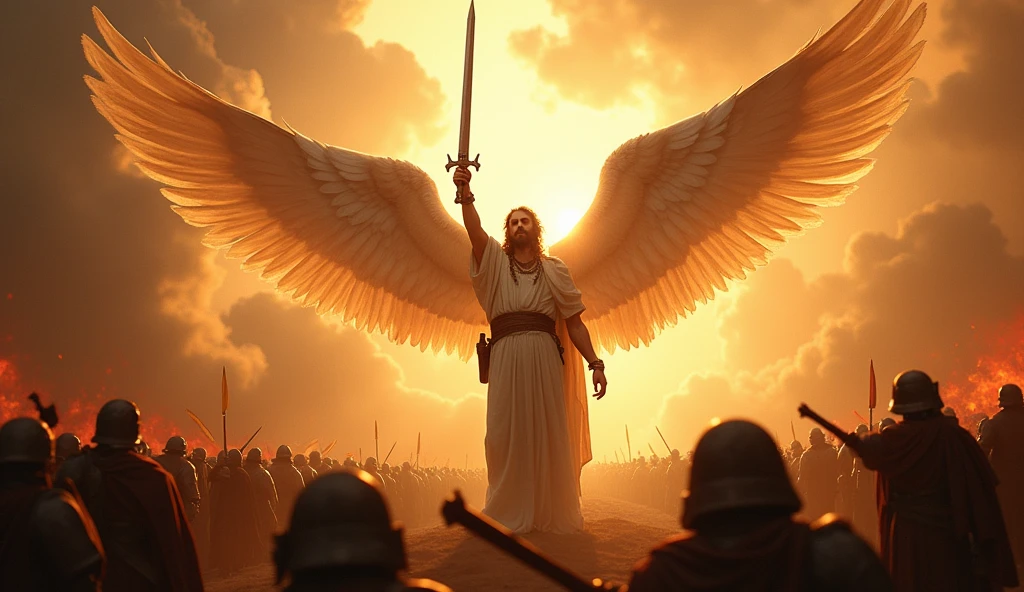 the angel raising his sword in a gesture of command, with light radiating from him and the Assyrian soldiers falling at his feet. The scenery is dramatic, com uma paleta de cores quentes.