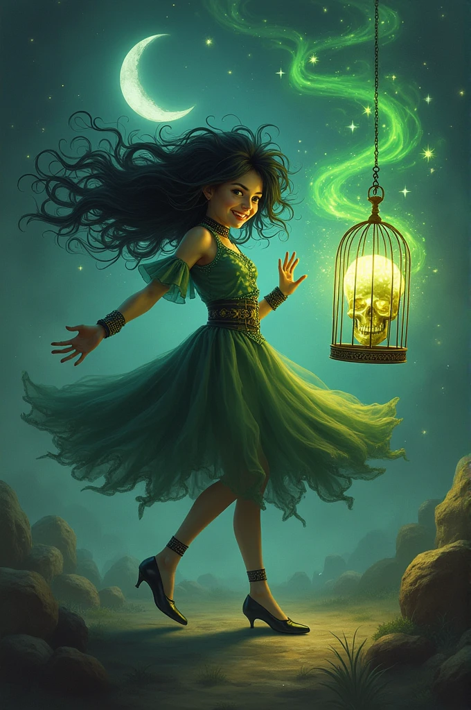 A crazy black haired girl with a floating birdcage that has a skull insted of a bird inside, and the girl has green magic