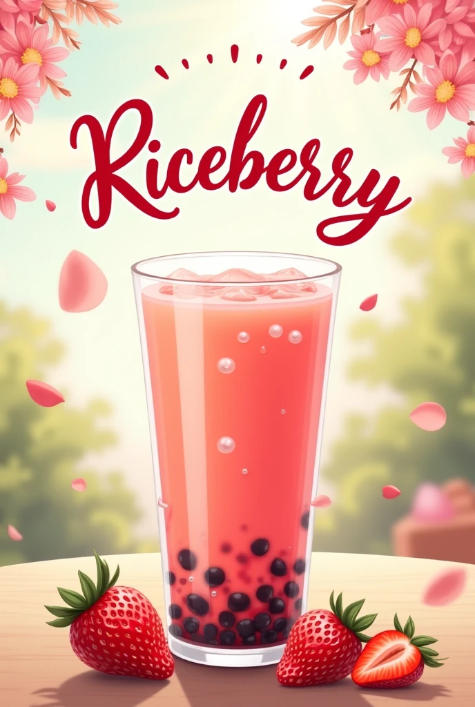 Cover of a final project about a product that is a strawberry bubble tea, the brand name is "Riceberry"