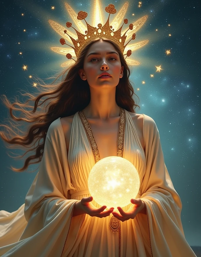 (Goddess of Movies:1.4), depicted in an ethereal and cinematic art style, (the goddess embodies the essence of cinema with flowing garments that resemble a film reel, shimmering in the light:1.2), (her eyes are luminous screens, reflecting the myriad of stories told through film:1.2), (her crown is adorned with iconic symbols of the movie industry, such as a clapperboard, camera lens, and film strips:1.2), (she holds a radiant orb, representing the magic of storytelling and the power of visual arts:1.2), (background features a vast, starry sky with scenes from classic movies subtly woven into the celestial landscape:1.2), (her pose is graceful yet commanding, exuding an aura of creativity, inspiration, and timeless beauty:1.2), (perfect image quality:1.4), (detailed textures in her garments, capturing the intricate patterns and symbols of cinema:1.2), (the overall image conveys a sense of wonder, nostalgia, and reverence for the art of filmmaking:1.2)