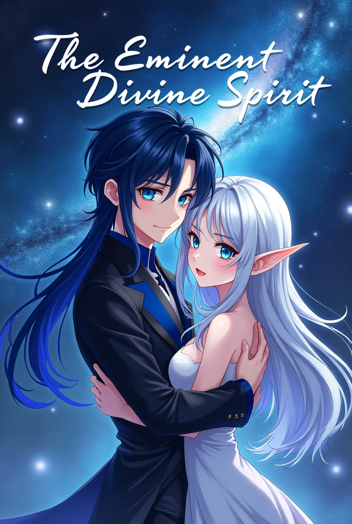 put the name: (The Eminent Divine Spirit), written in the drawing. Create a character, HUMAN AGE MALE WITH NORMAL EARS with JAPANESE ANIME style drawing features, IN a cosmic environment, long black hair with a cobalt blue streak in one hair, cobalt blue eyes. holding/Embracing a busty adult elf with silver hair.